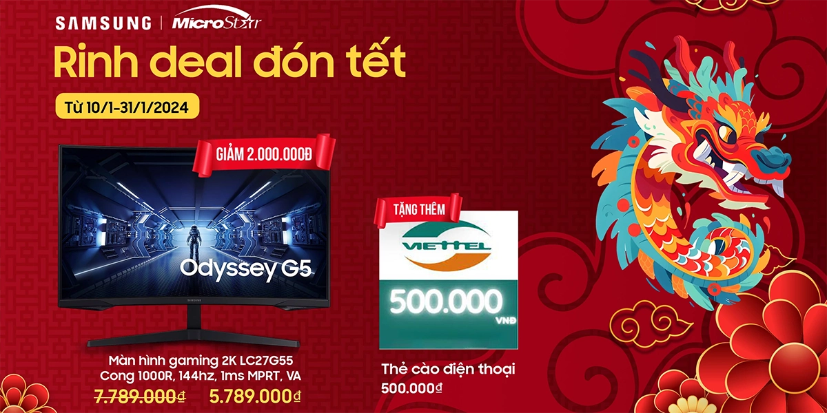 Rinh deal đón tết | Màn hình Samsung Odyssey G5 LC27G55 27 inch 2K QHD VA 144Hz 1ms