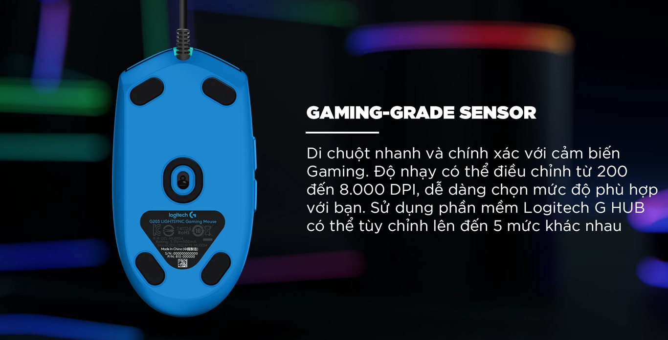 Chuột Logitech G203 LightSync RGB Đen trắng xanh tím