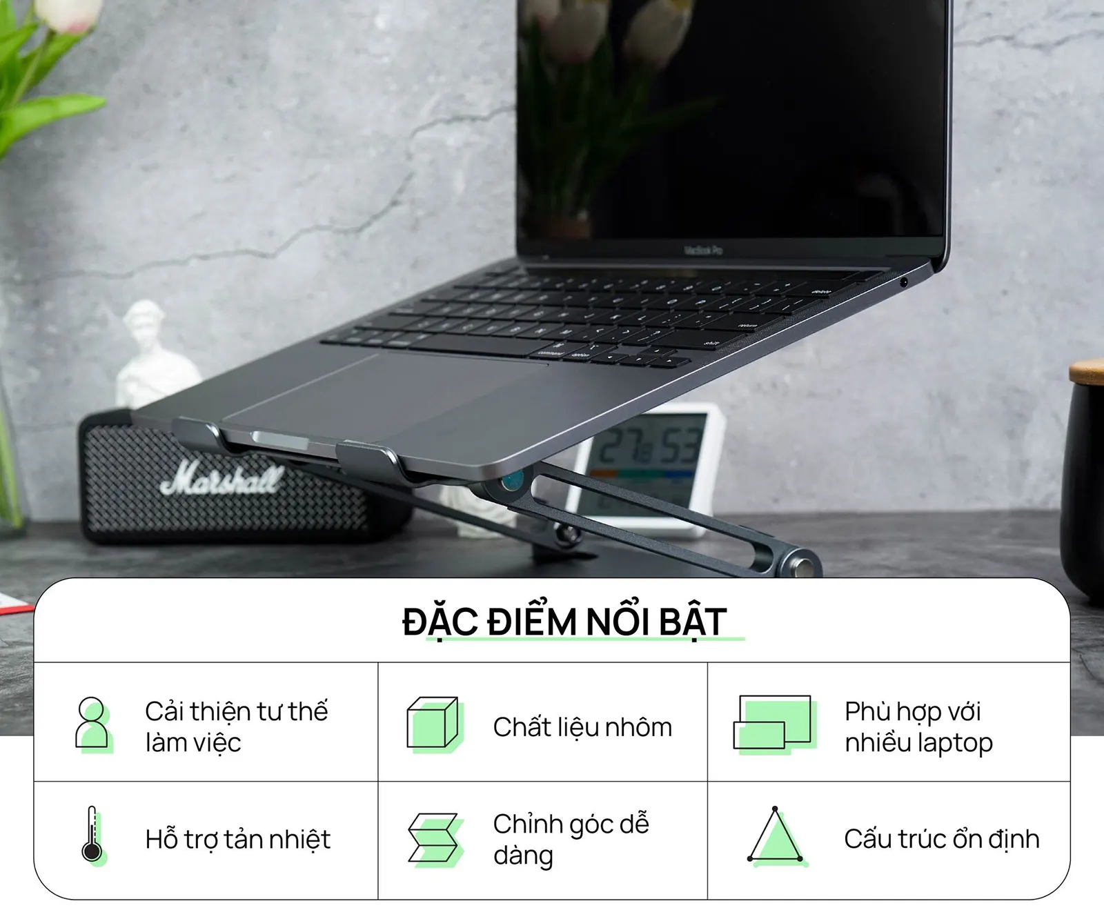 Giá đỡ Laptop HyperWork L1 khung nhôm Xám/Bạc