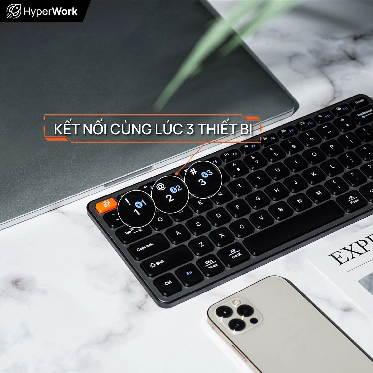 Bàn phím HyperWork KB1 Bluetooth - Kết nối 3 thiết bị cùng lúc