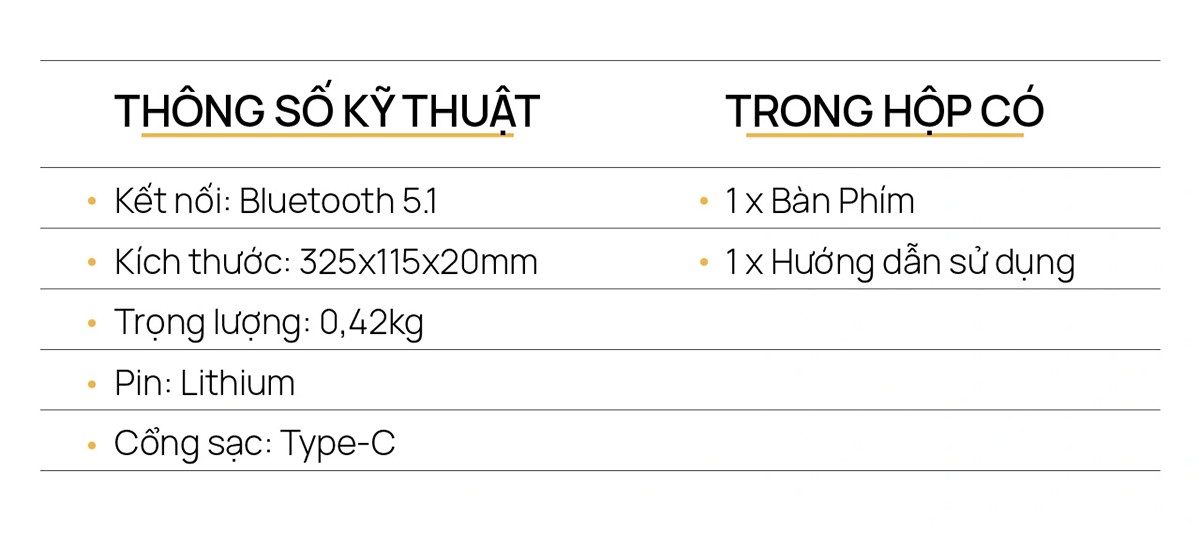 Bàn phím HyperWork KB1 Bluetooth - Thông số kỹ thuật