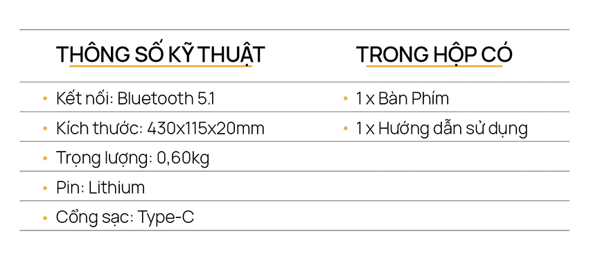 Bàn phím HyperWork KB2 Bluetooth - Thông số kỹ thuật