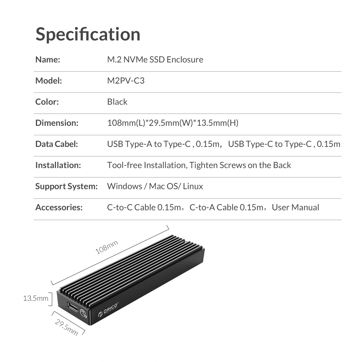 Hộp đựng ổ cứng Orico M2PV-C3-BK SSD M2 NVME (Tốc độ 10Gbps)