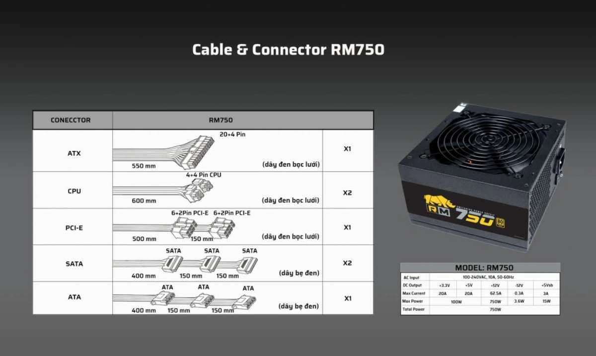 Nguồn máy tính Jetek RM750 V3 750W connector