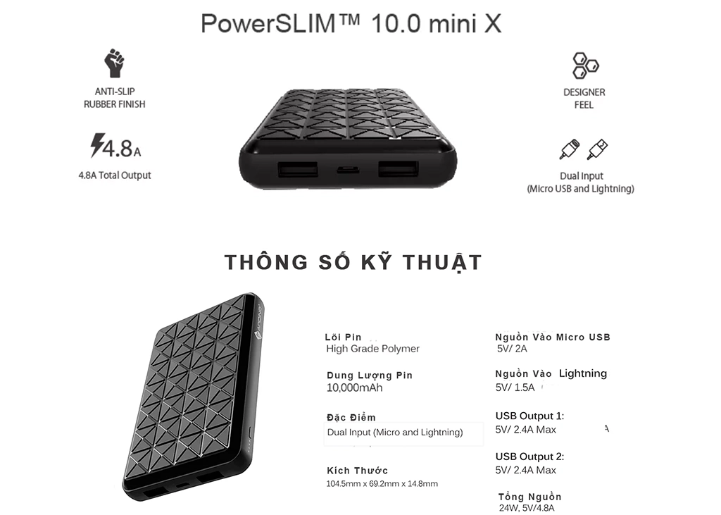 Sạc dự phòng Andino PowerSLIM 10.000mAh Mini X