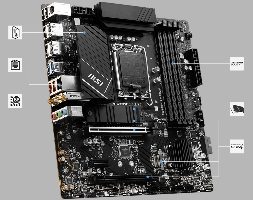 Mainboard MSI PRO B760M-A WIFI DDR4 (Intel B760, Socket LGA1700, mATX, 4 khe RAM DDR4)