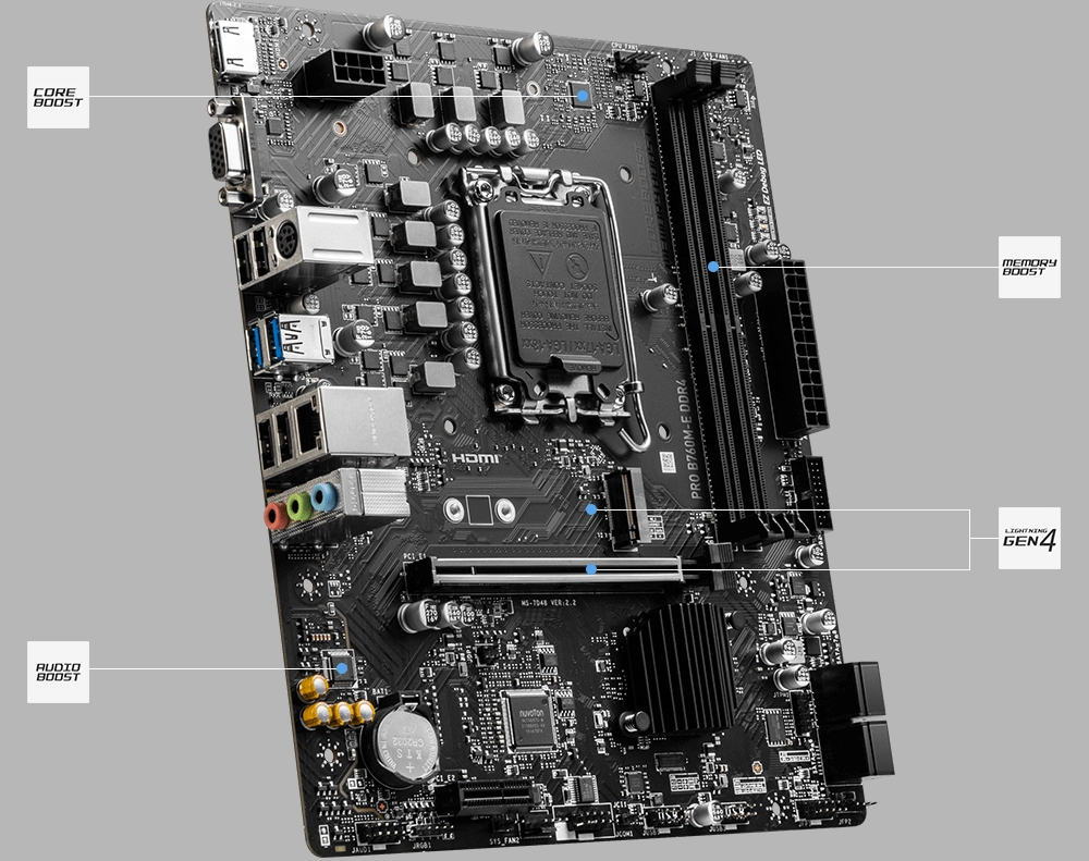 Mainboard Mainboard MSI PRO B760M-E DDR4 (Intel B760, Socket LGA1700, mATX, 2 khe RAM DDR4)MSI PRO B760M-E DDR4 (Intel B760, Socket LGA1700, mATX, 2 khe RAM DDR4)