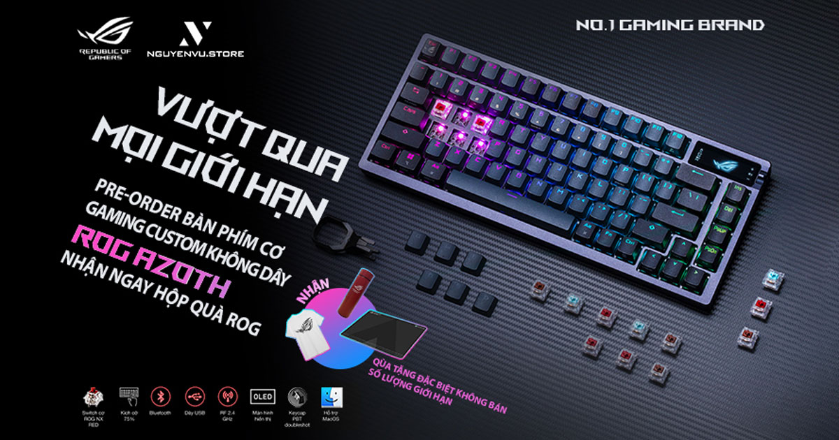 Tặng hộp quà ROG gồm có lót chuột ROG HONE ACE AIM LAB edition, áo thun và bình nước ROG phiên bản giới hạn khi mua phím ROG AZOTH