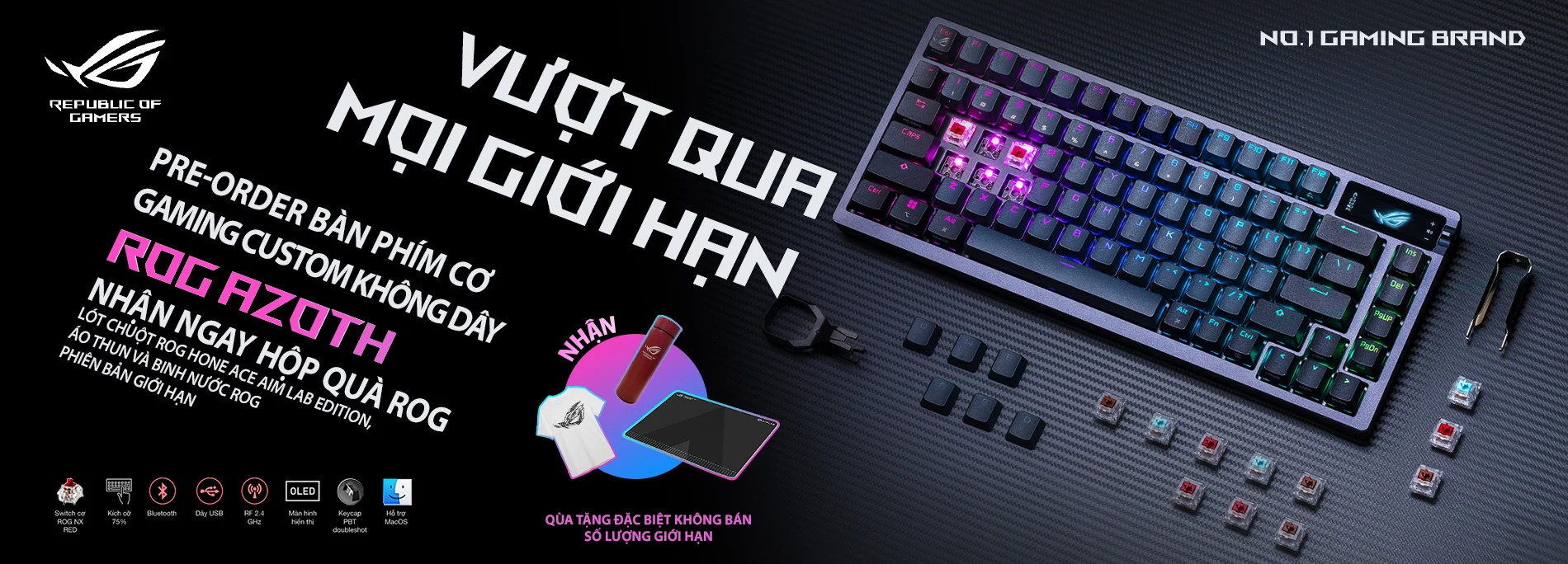 Tặng hộp quà ROG gồm có lót chuột ROG HONE ACE AIM LAB edition, áo thun và bình nước ROG phiên bản giới hạn khi mua phím ROG AZOTH