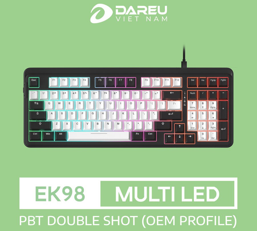 Bàn phím cơ Gaming DAREU EK98 WHITE x BLACK (Multi-Led, PBT Double Shot OEM profile)