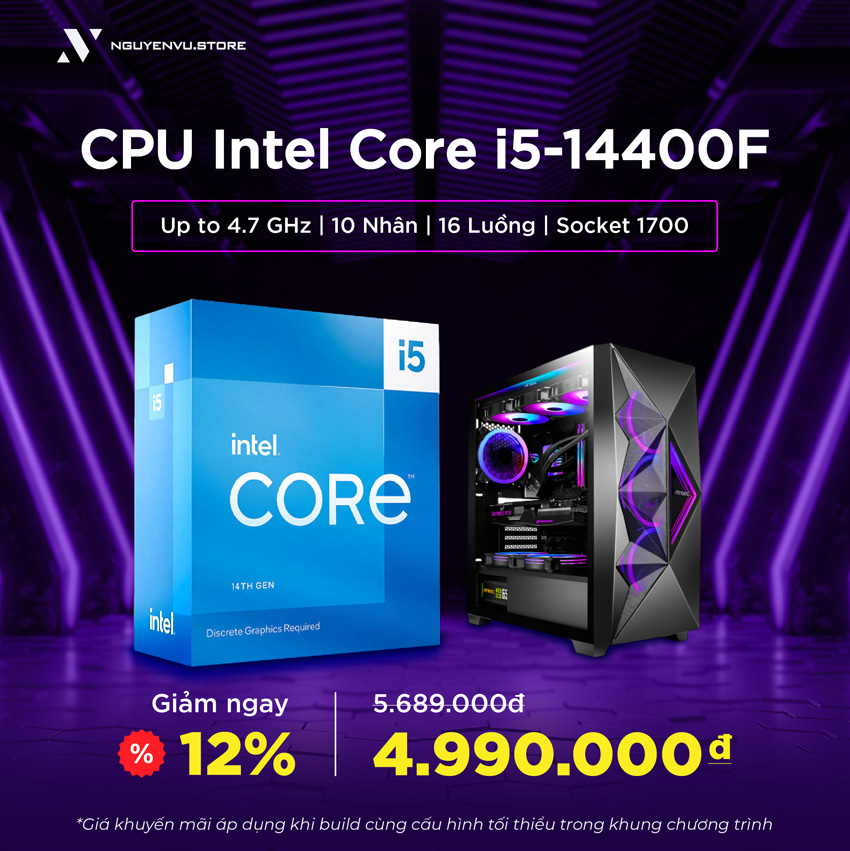 CPU Intel Core i5 14400F (Up to 4.7 GHz | 10 Nhân | 16 Luồng | Socket 1700)