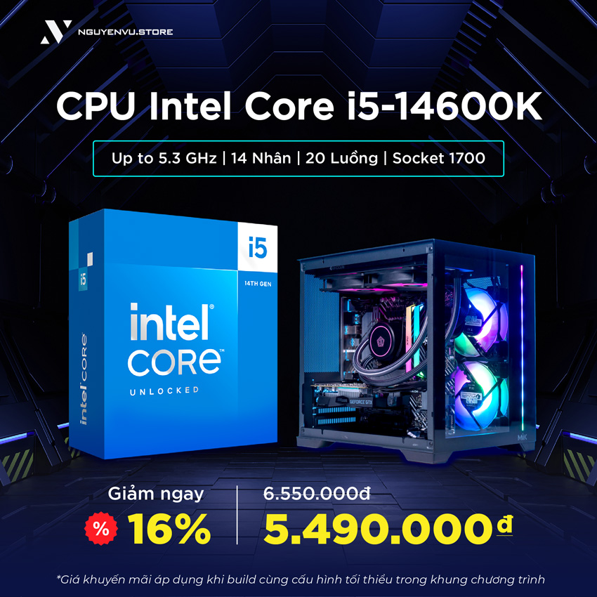 CPU Intel Core i5 14600K (Up to 5.3 GHz | 14 Nhân | 20 Luồng | Socket 1700) (Box Chính hãng)