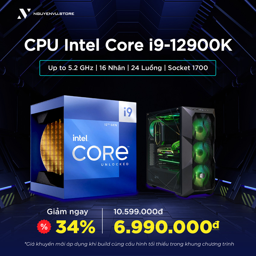 CPU Intel Core i9-12900K (3.9GHz turbo up to 5.2Ghz, 16 nhân 24 luồng, 30MB Cache, 125W)