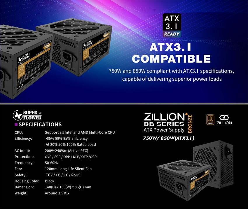 Nguồn Super Flower ZILLION DB Bronze 750W ATX 3.1 SF-750Z12DB-DA