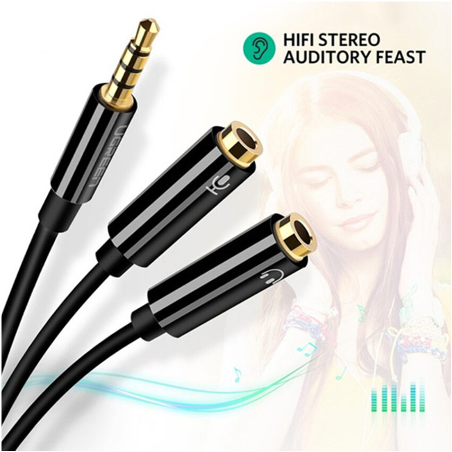 Cáp chia Audio Ugreen 30620 (3.5mm ra 2 đầu 3.5mm Loa và Mic, Đen)