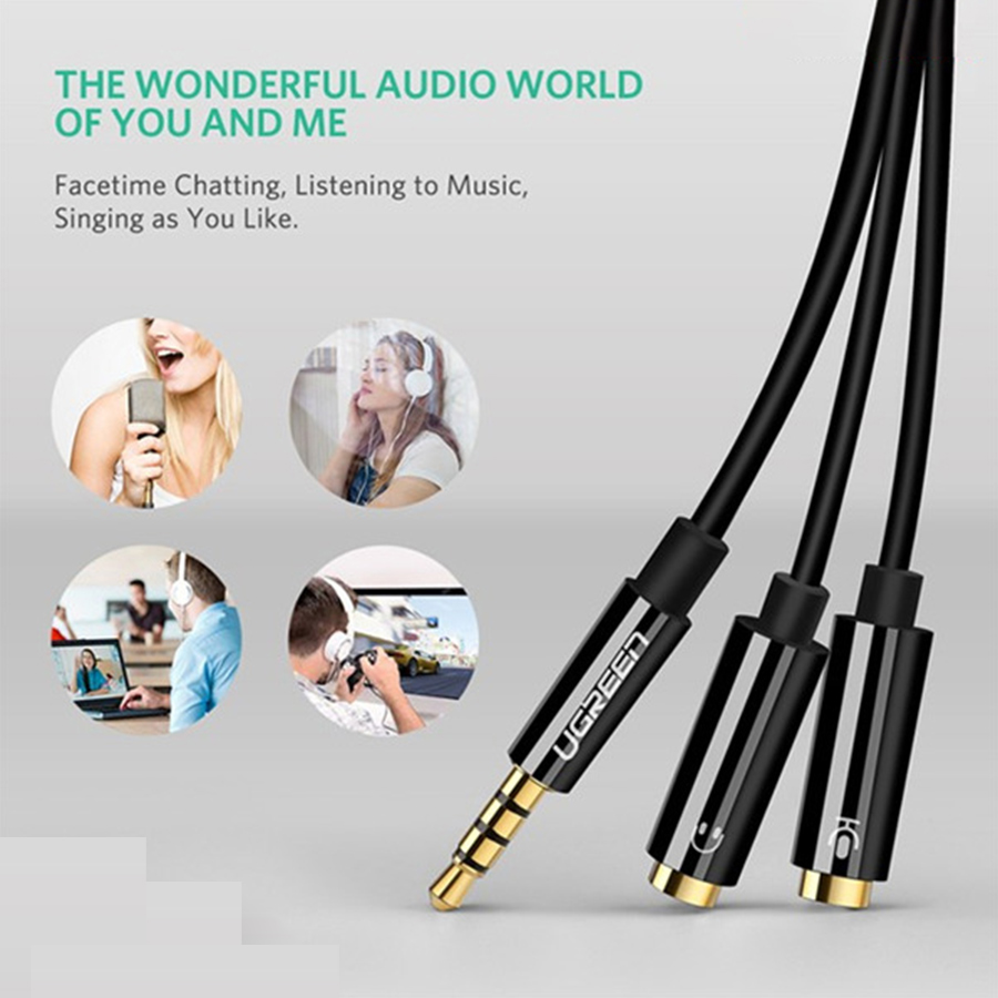 Cáp chia Audio Ugreen 30620(3.5mm ra 2 đầu 3.5mm Loa và Mic, Đen)