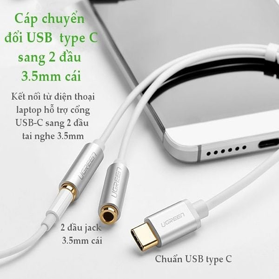 Cáp chuyển USB Type-C To 2 cổng 3.5mm Ugreen 30732 (Dài 20cm, Trắng)