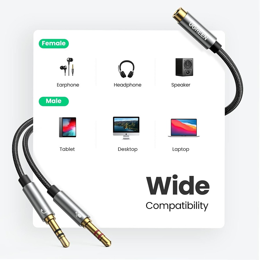 Cáp Gộp Ugreen 20899 Audio 3.5mm 2 Vào 1 Ra Mic và Tai Nghe