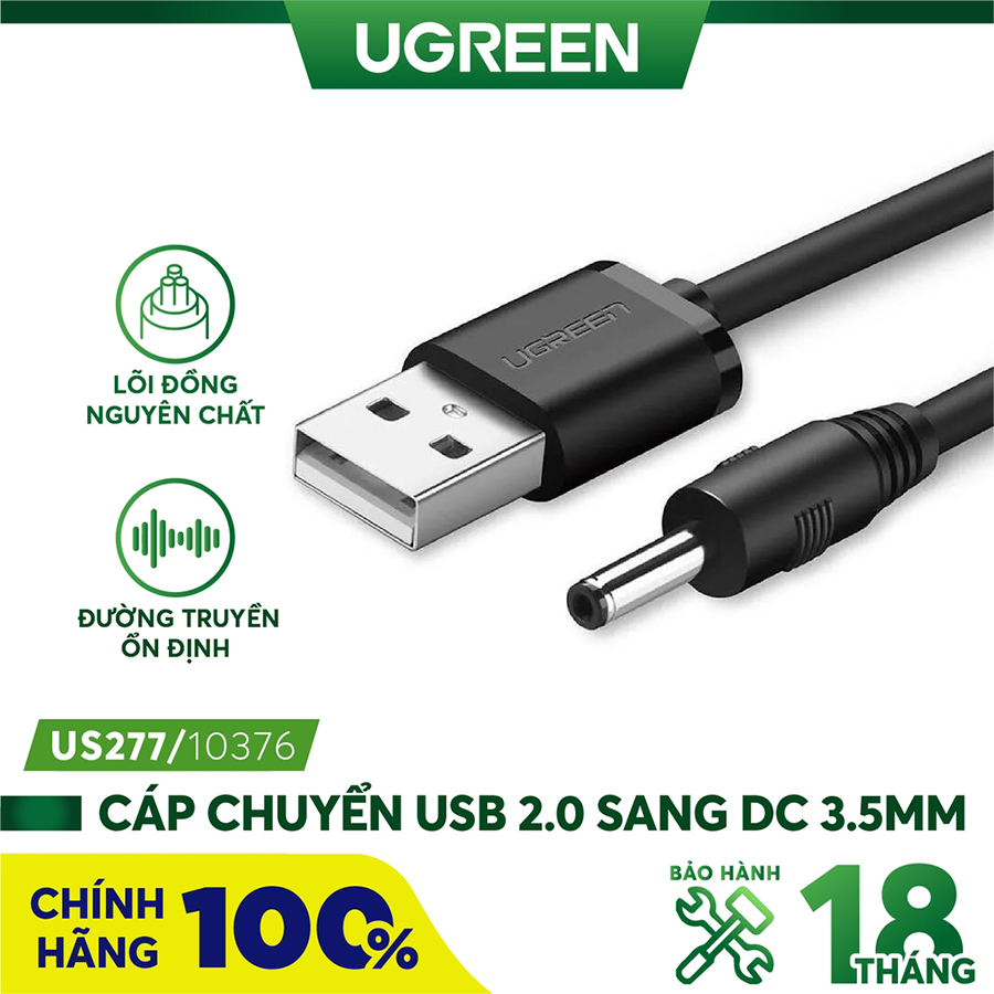 Cáp sạc dài 1m USB sang DC Ugreen 10376 (hỗ trợ sạc nhanh 2A, Đen) 
