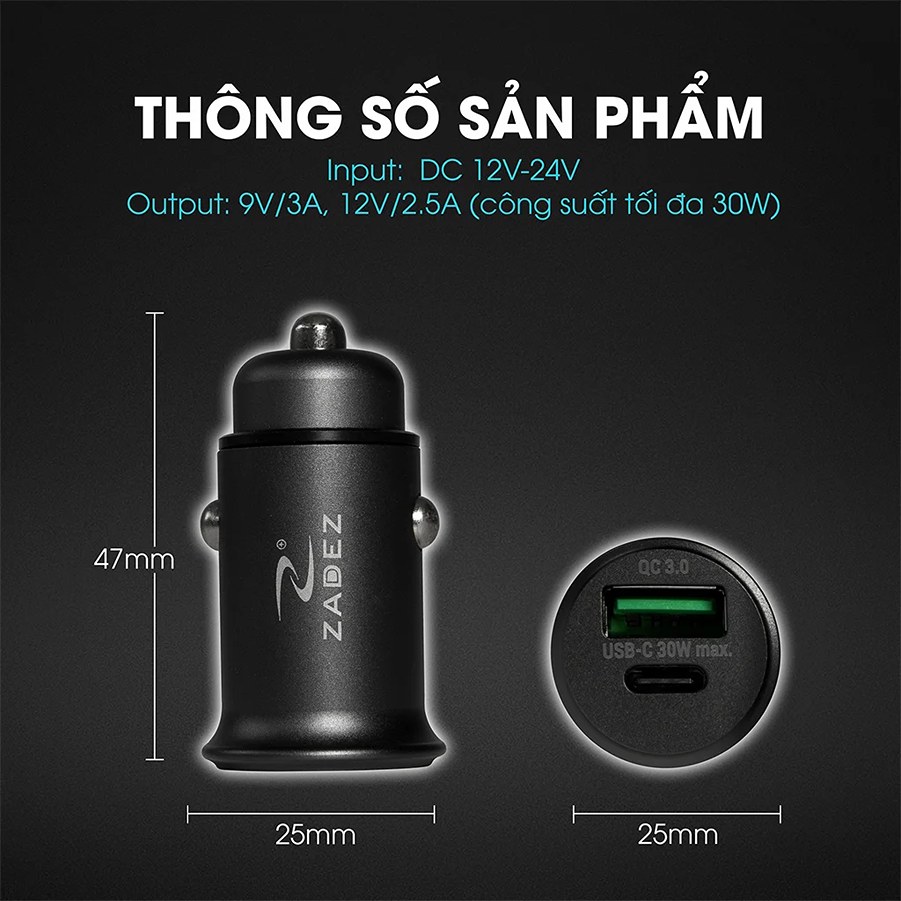 Tẩu sạc Ô tô Zadez ZCA-4832 Đen
