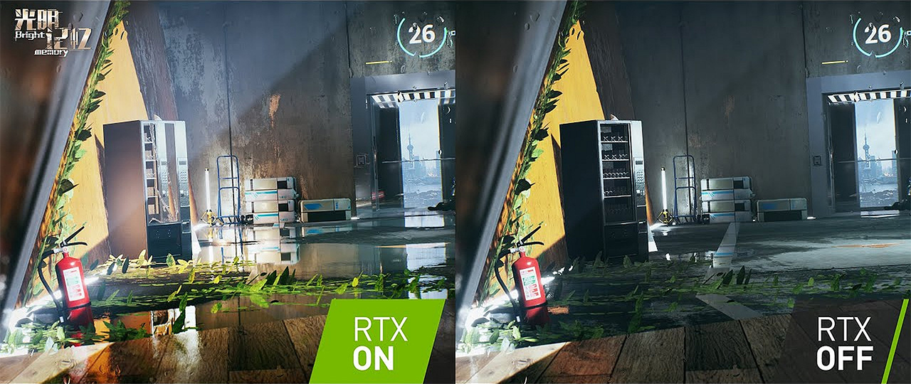 Hiệu ứng Ray Tracing khi bật và tắt RTX, cho thấy sự cải thiện đáng kể về chất lượng ánh sáng và bóng đổ. 