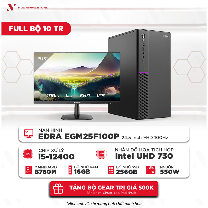 Full bộ máy tính văn phòng 10 Triệu (I5 12400 | 16GB | 256GB SSD | Màn hình 25" FHD 100Hz)