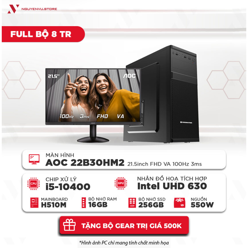 Full bộ máy tính văn phòng 8 Triệu ( i5-10400 | 16GB | 256GB SSD | Màn hình 21.5" 100Hz)