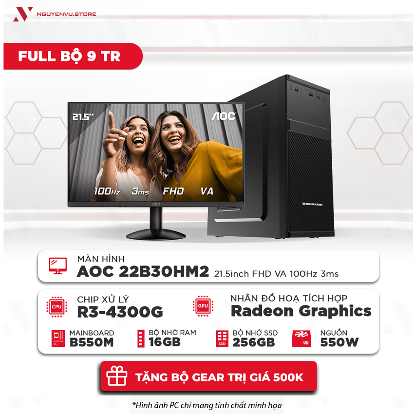 Full bộ máy tính văn phòng 9 Triệu (Ryzen 3 4300G | 16GB | 256GB SSD | Màn hình 21.5" 100Hz)