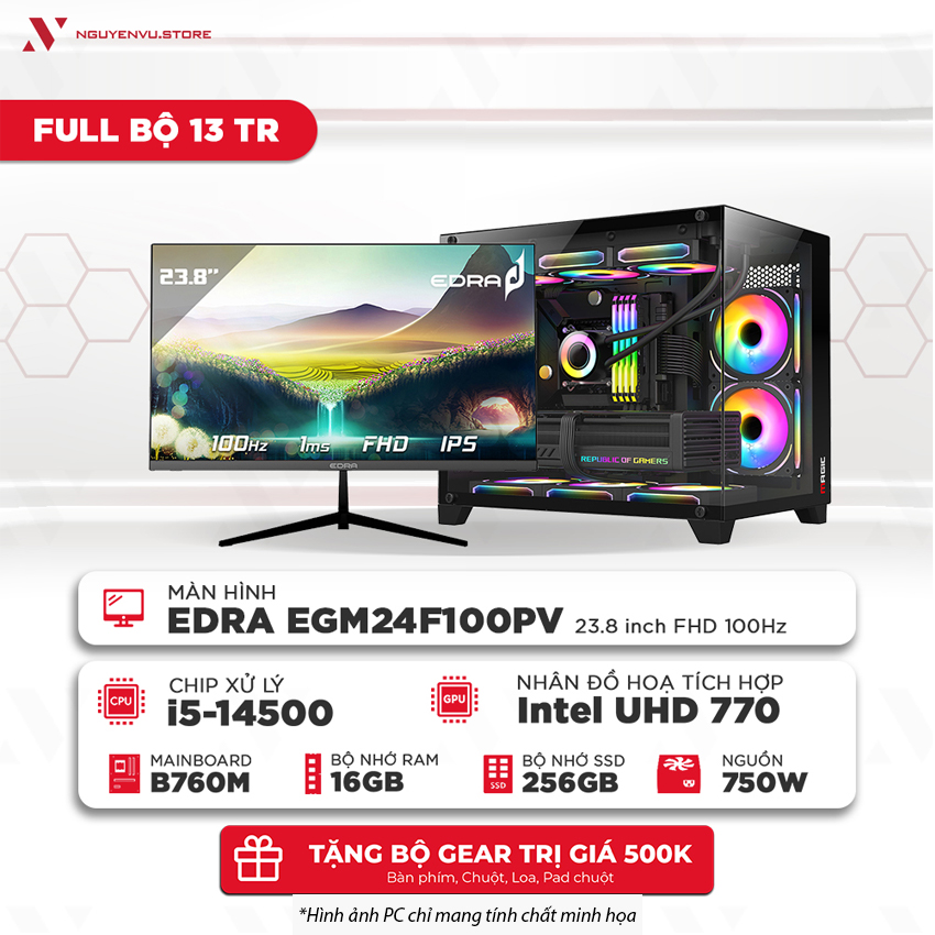 Full bộ máy tính văn phòng 13 Triệu (I5 14500 | 16GB | 256GB SSD | Màn hình 24" FHD 100Hz)