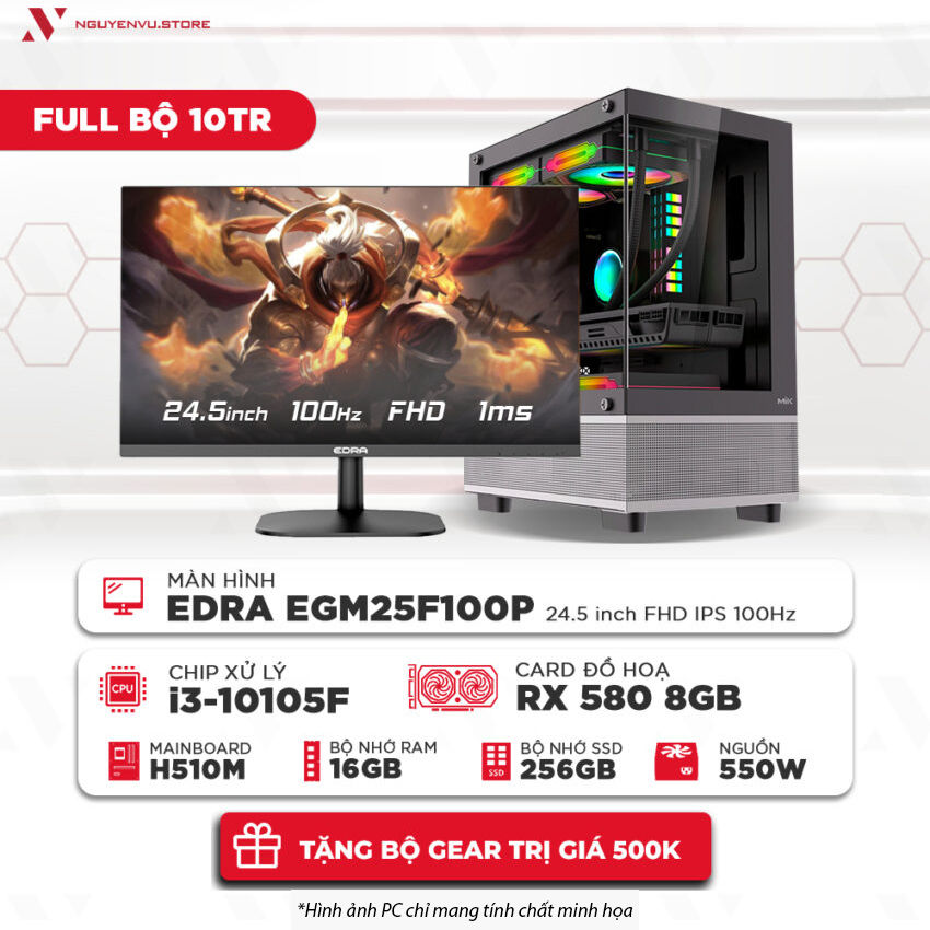 Full bộ PC Gaming 10 Triệu ( i3-10105F | 16GB | 256GB SSD | RX 580 8GB | Màn hình 23.8" 100Hz)