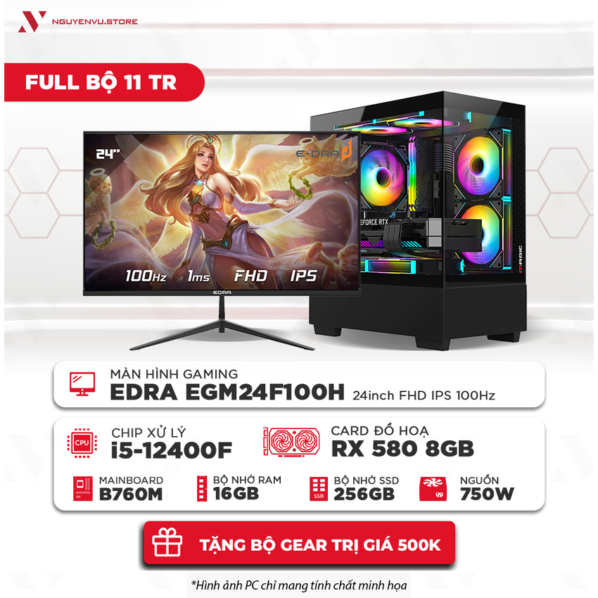 Full bộ PC Gaming 11 Triệu ( i5-12400F | 16GB | 256GB SSD | RX 580 8GB | Màn hình 24" 100Hz 1ms)