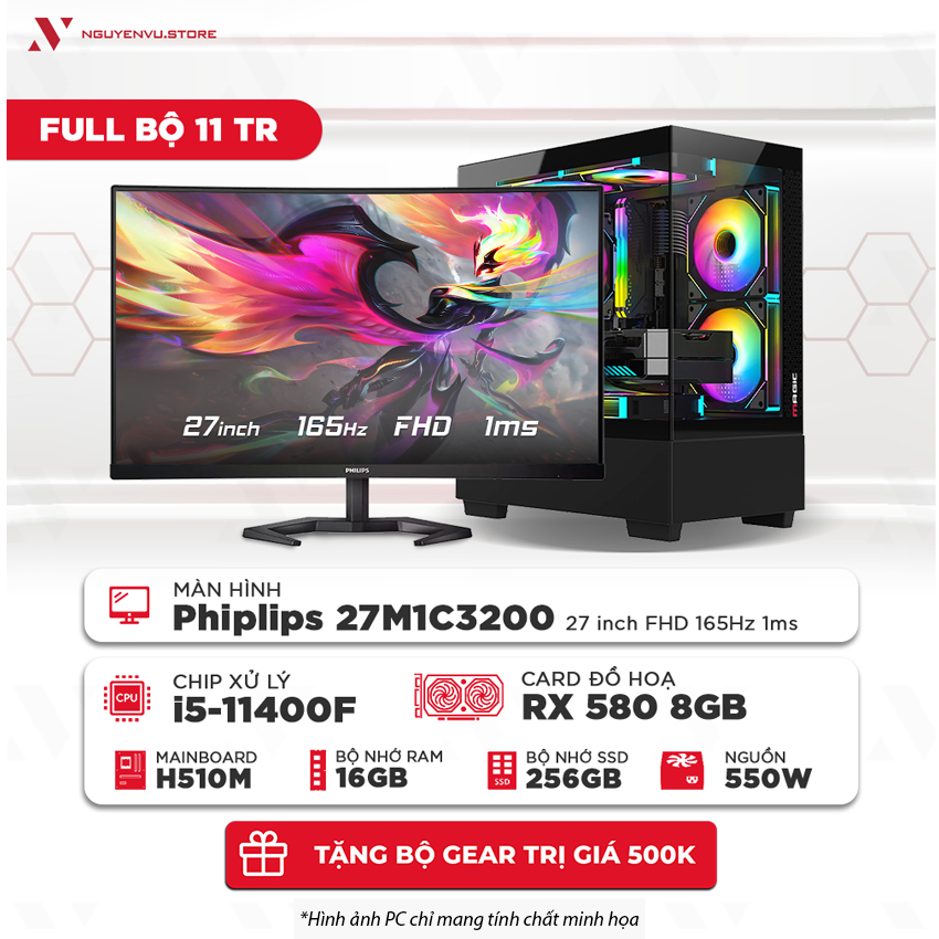 Full bộ PC Gaming 11 Triệu ( i5-11400F | 16GB | 256GB SSD | RX 580 8GB | Màn hình cong 27" 165Hz)