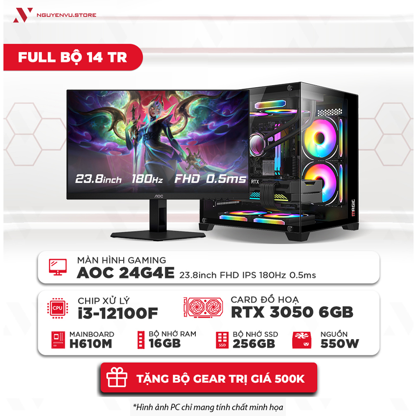 Full bộ PC Gaming 14 Triệu ( i3-12100F | 16GB | 500GB SSD | RTX 3050 6GB | Màn hình 23.8" 180Hz 0.5ms)