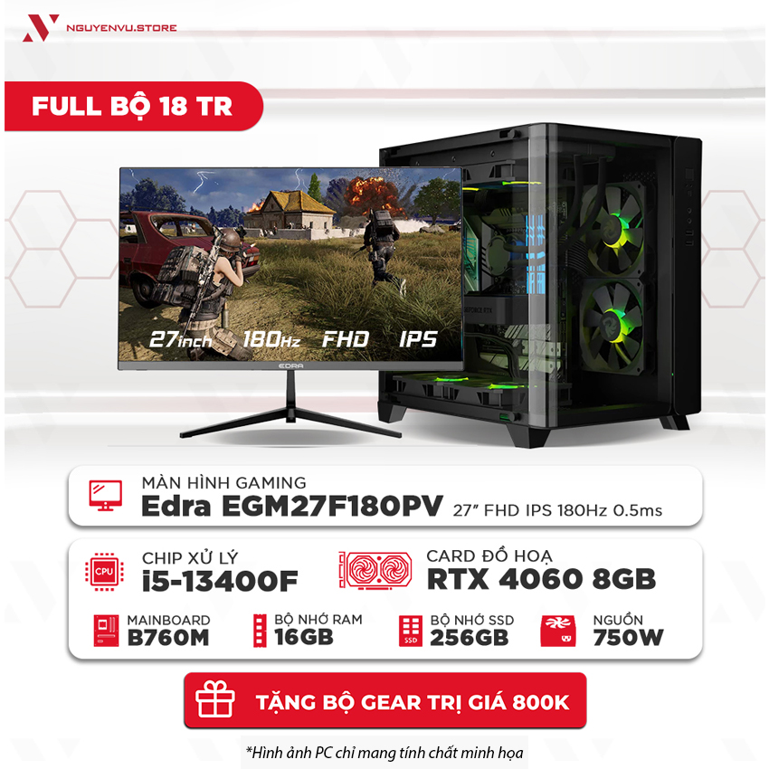 Full bộ PC Gaming 18 Triệu ( i5-13400F | 16GB | 256GB SSD | RTX 4060 8GB | Màn hình 27" 180Hz 0.5ms)