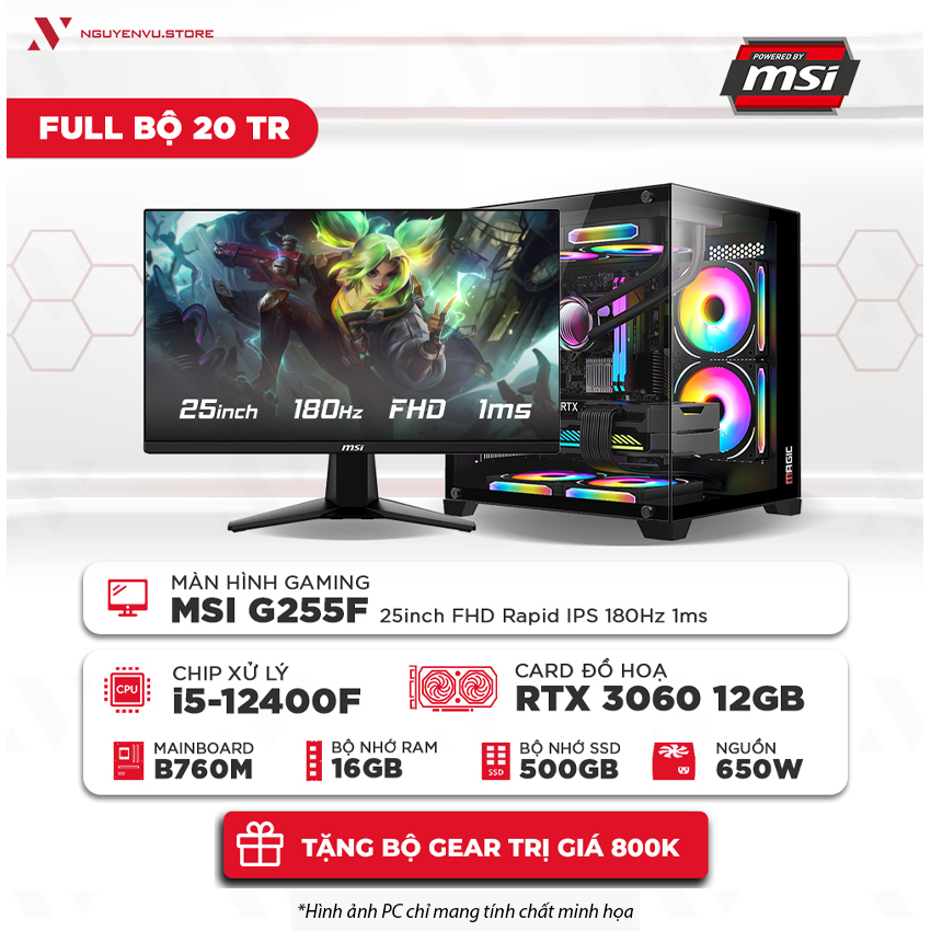 Full bộ PC Gaming 20 Triệu ( i5-12400F | 16GB | 500GB SSD | RTX 3060 12GB | Màn hình 24" 180Hz 1ms)