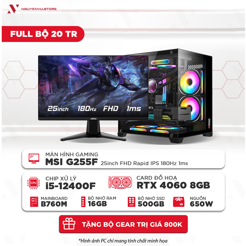 Full bộ PC Gaming 20 Triệu ( i5-12400F | 16GB | 500GB SSD | RTX 4060 8GB | Màn hình 24" 180Hz 1ms)