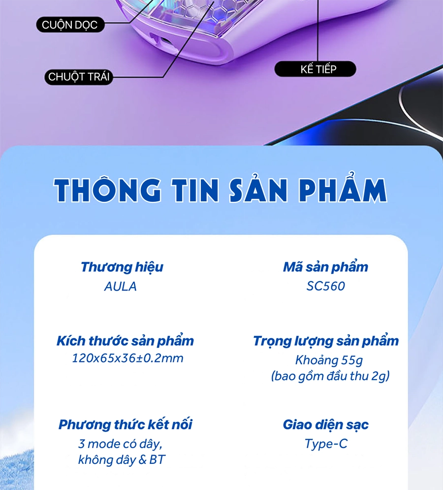 Chuột gaming AULA SC560 3 mode (Có dây/ 2.4G/ Bluetooth)