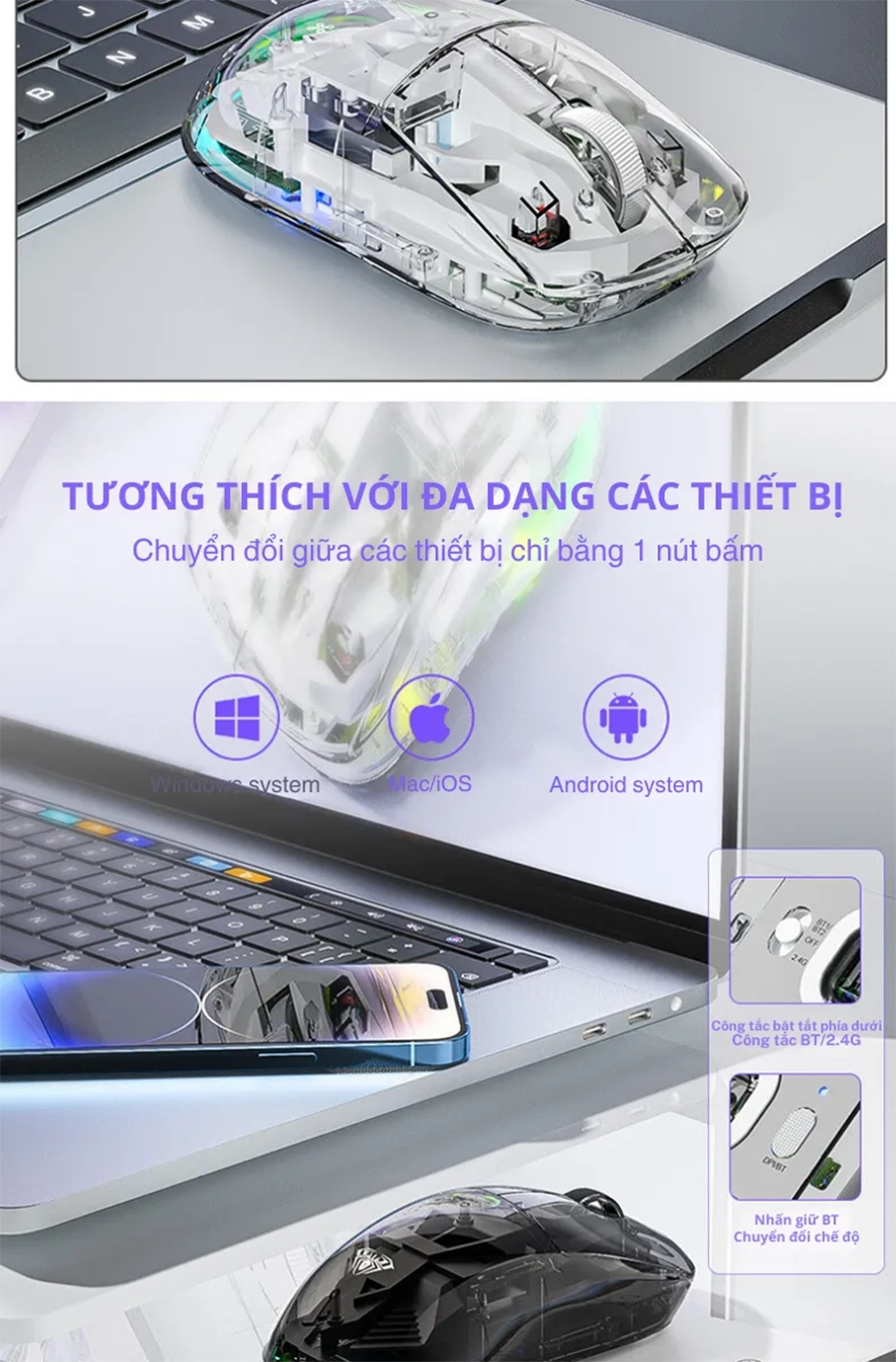Chuột gaming AULA SC660 3 mode (Có dây/ 2.4G/ Bluetooth)