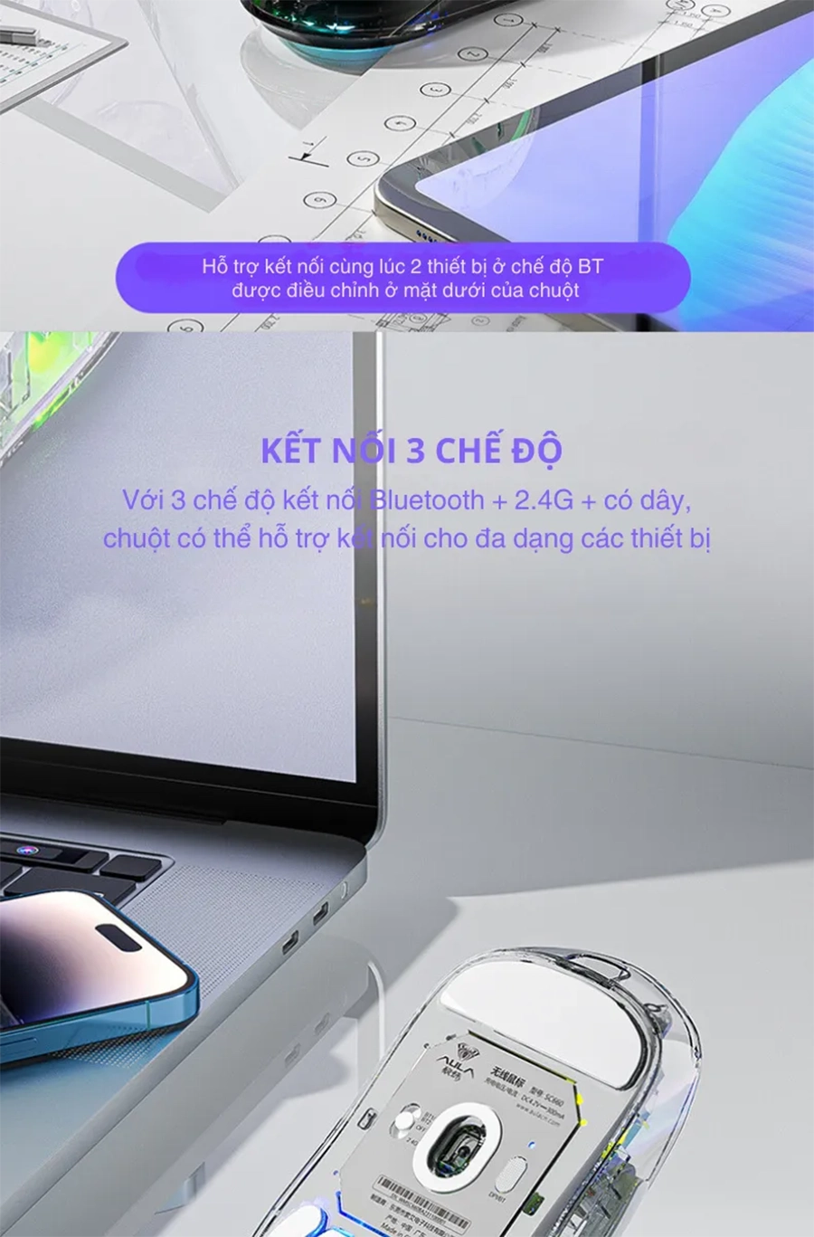 Chuột gaming AULA SC660 3 mode (Có dây/ 2.4G/ Bluetooth)