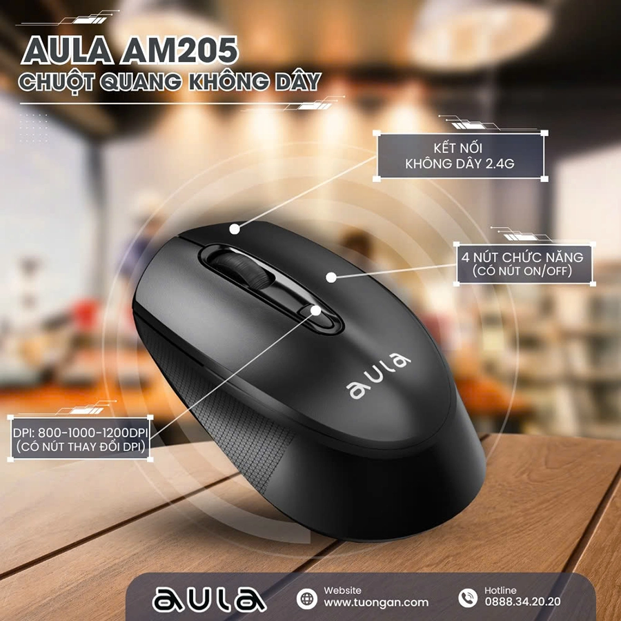 Chuột Không Dây AULA AM205 (Wireless 2.4GHz, Đen)
