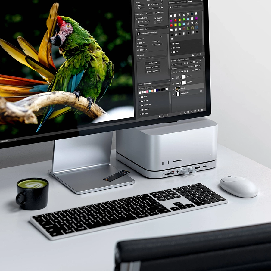 Đế Hub Satechi 7 in 1 Mac Mini/Studio (tích hợp khe SSD NVMe/M.2 SATA, tốc độ cao)