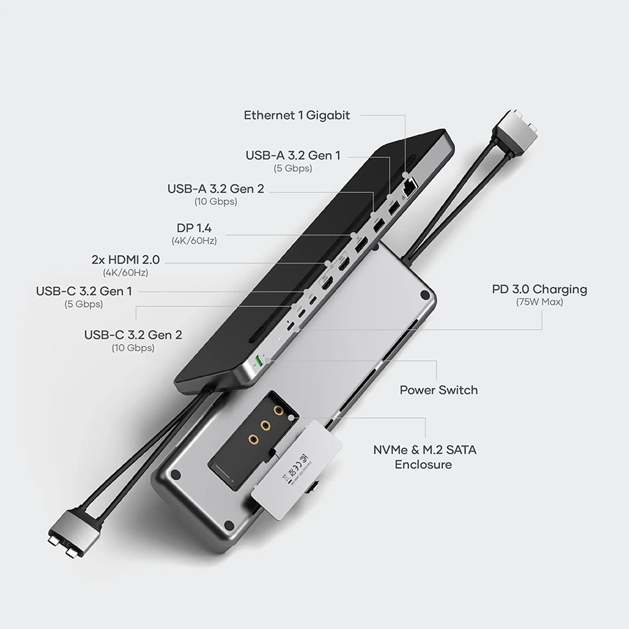 Dock dual USB-C kiêm đế Satechi 10 in 1 (có khe hỗ trợ SSD M2 SATA/NVMe)