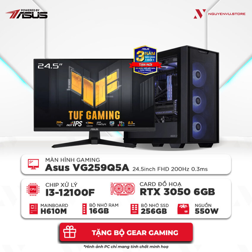Full bộ PC Gaming ( i3-12100F | 16GB | 256GB SSD | RTX 3050 6GB | Màn hình 25" 200Hz 0.3ms) Powered by ASUS