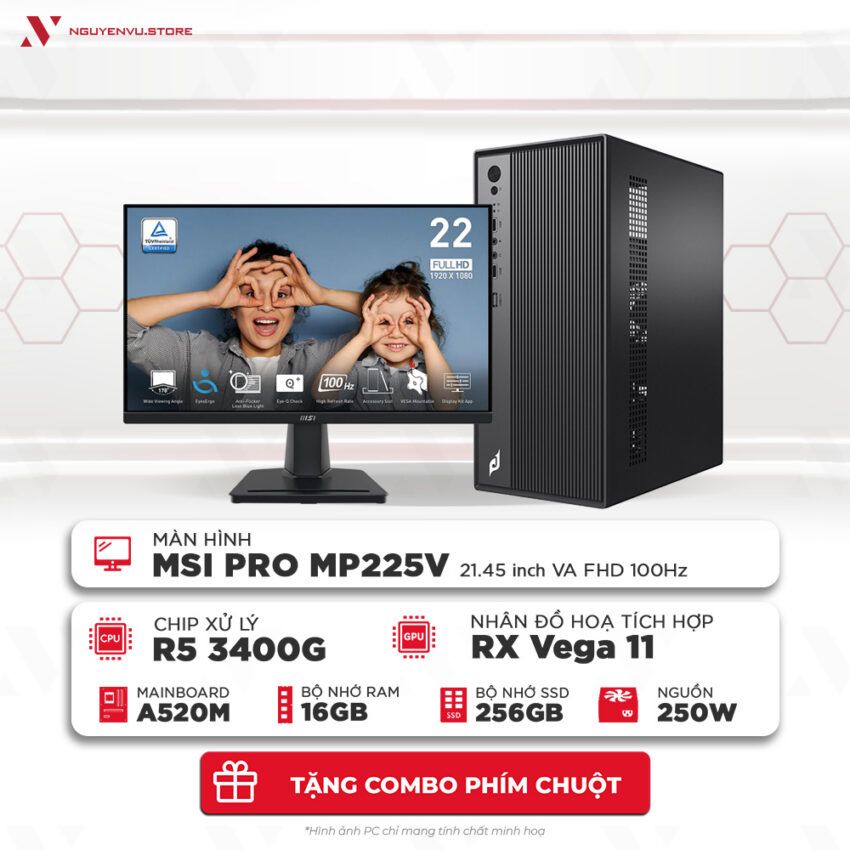 Full bộ máy tính văn phòng (Ryzen 5 3400G | 16GB | 256GB SSD | Màn hình 21.5" FHD 100Hz)